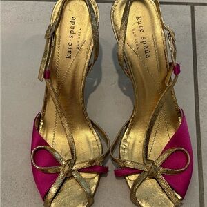 kate spade Hot Pink and Gold Satin Bow Slingback Heels